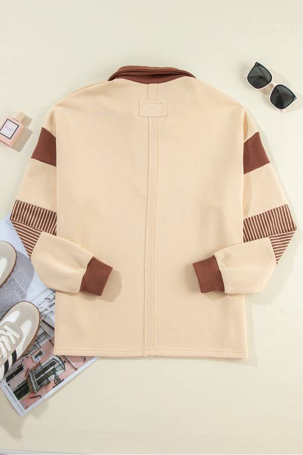 Light French Beige Striped Patchwork Collar Sweatshirt