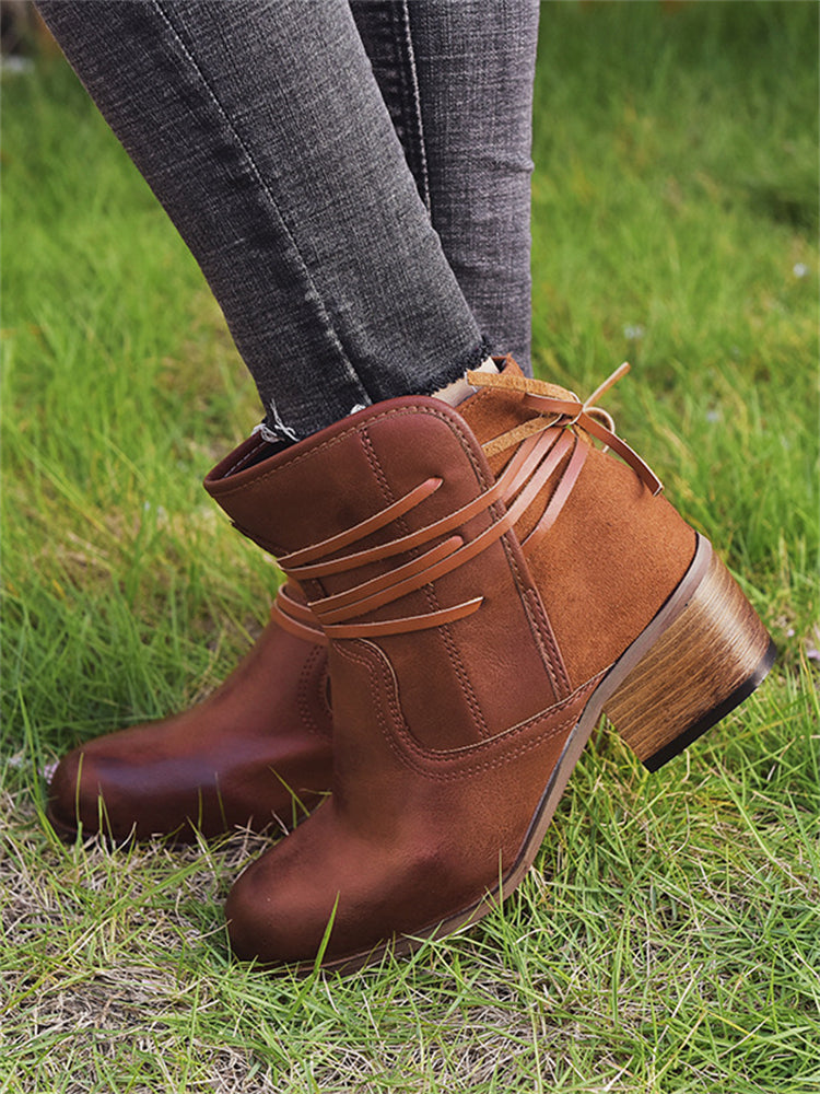 Wisherryy Laced Washed Leather Patchwork Ankle Boots