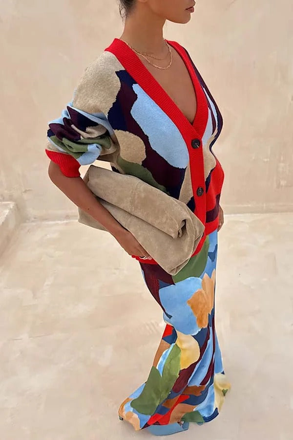 Bright and Bold Knit Abstract Color Blocks Button Long Sleeve Loose Cardigan