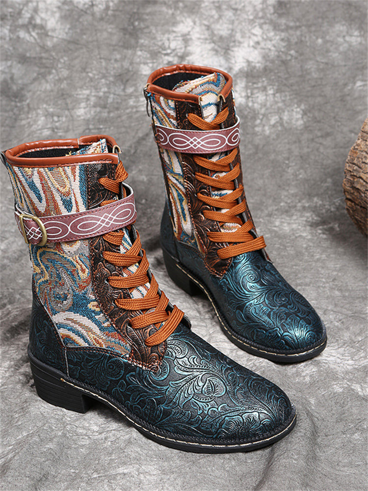 Vintage Floral Carved Patchwork Ankle Boots