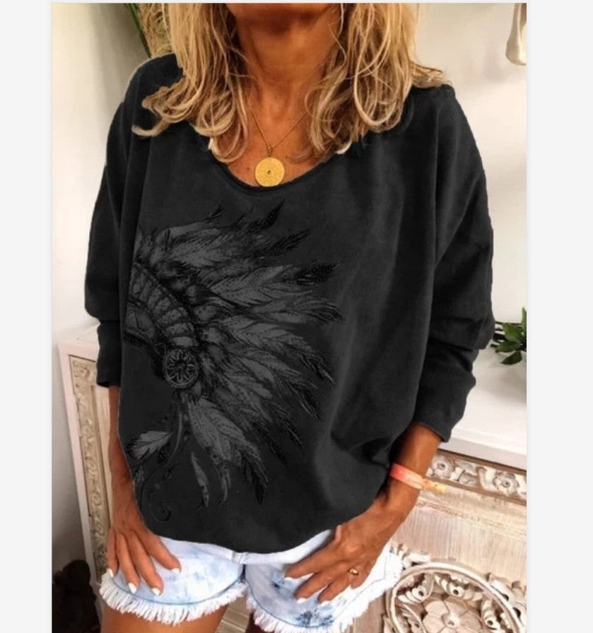 Wisherryy Printed  Long Sleeved Round Neck T-Shirt
