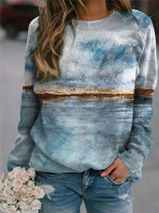 Women's Vintage Oil Painting Print Casual Sweatshirt.