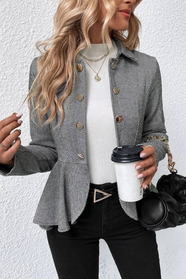 Lapel Jacquard Ruffle Slim Double-breasted Blazer