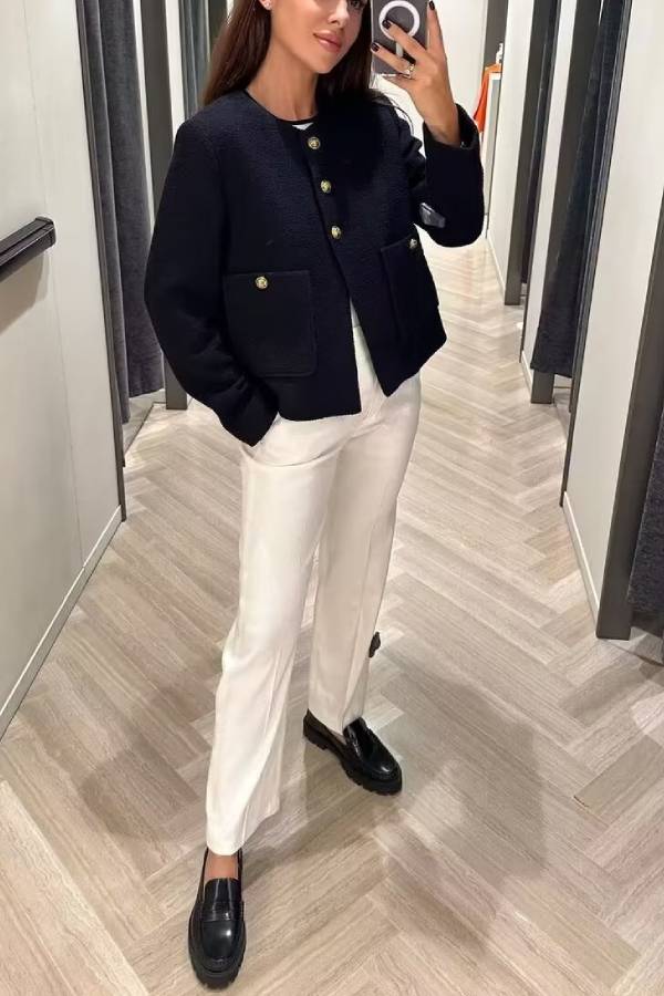 Round Neck Slim Fit Colorblock Women's Button Jacket