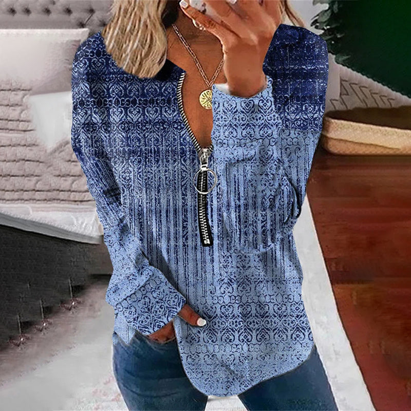 Vintage Print V-Neck Zip-Up Long Sleeve Sweatshirt