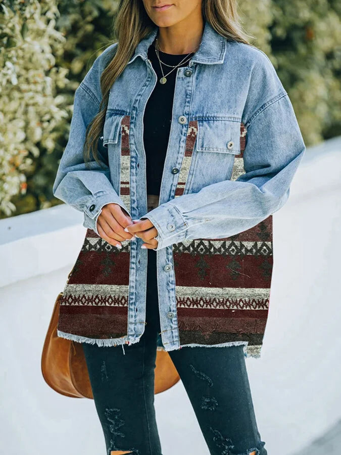 Women's western style aztec print stitching denim jacket.