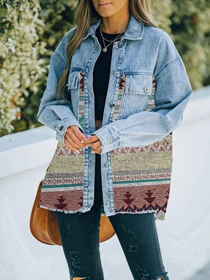 Women's western style aztec print stitching denim jacket.