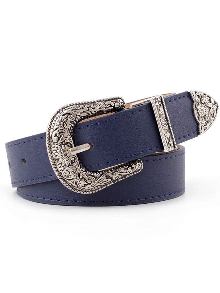 Wisherryy Western Vintage Carved Buckle Basic Belt