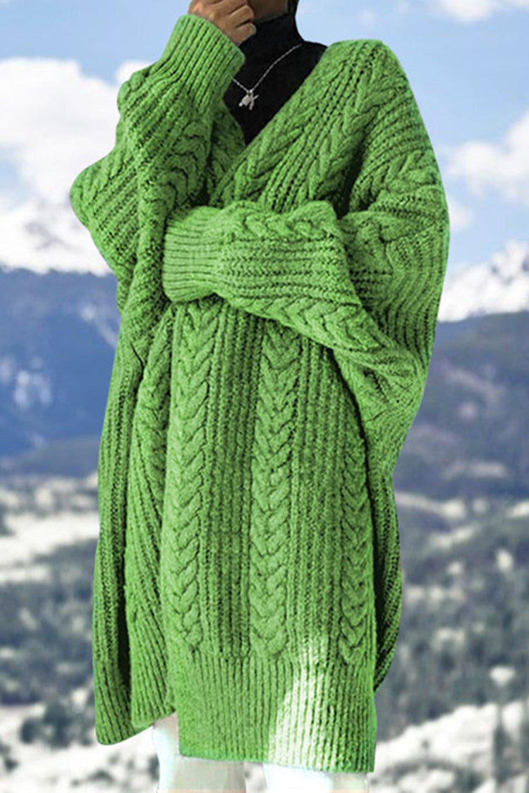 V-Neck Solid Color Mid-Length Sweater Cardigan