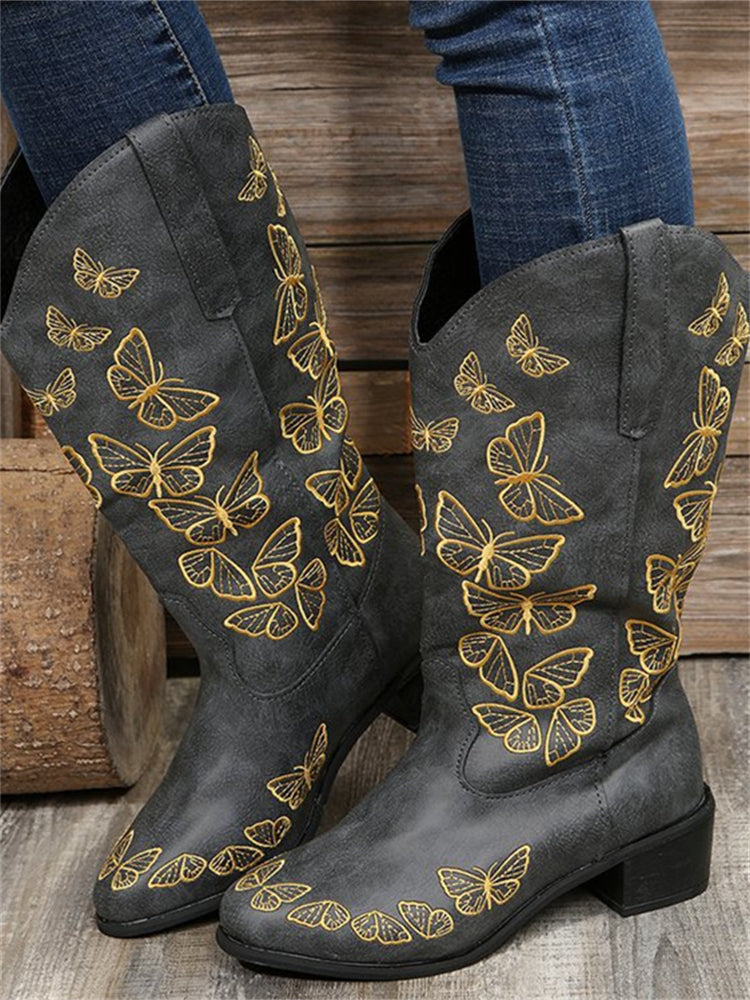 Butterflies Embroidered Wide Calf Boots