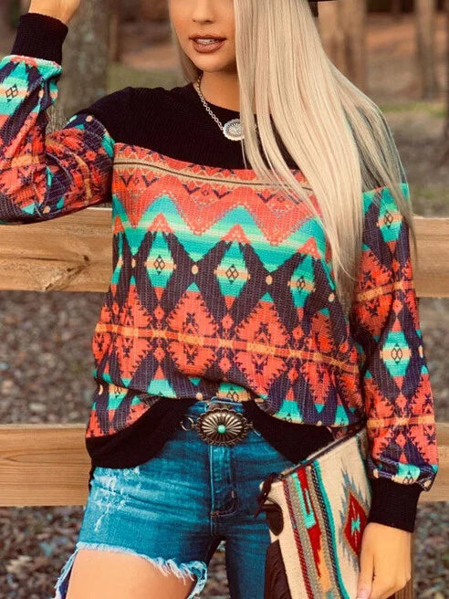 Women's Western Aztec Printed Waffle Tee Shirt.