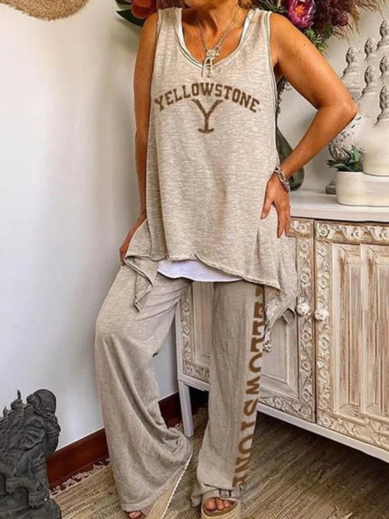 Custom women's printed vest and wide leg pants two-piece set