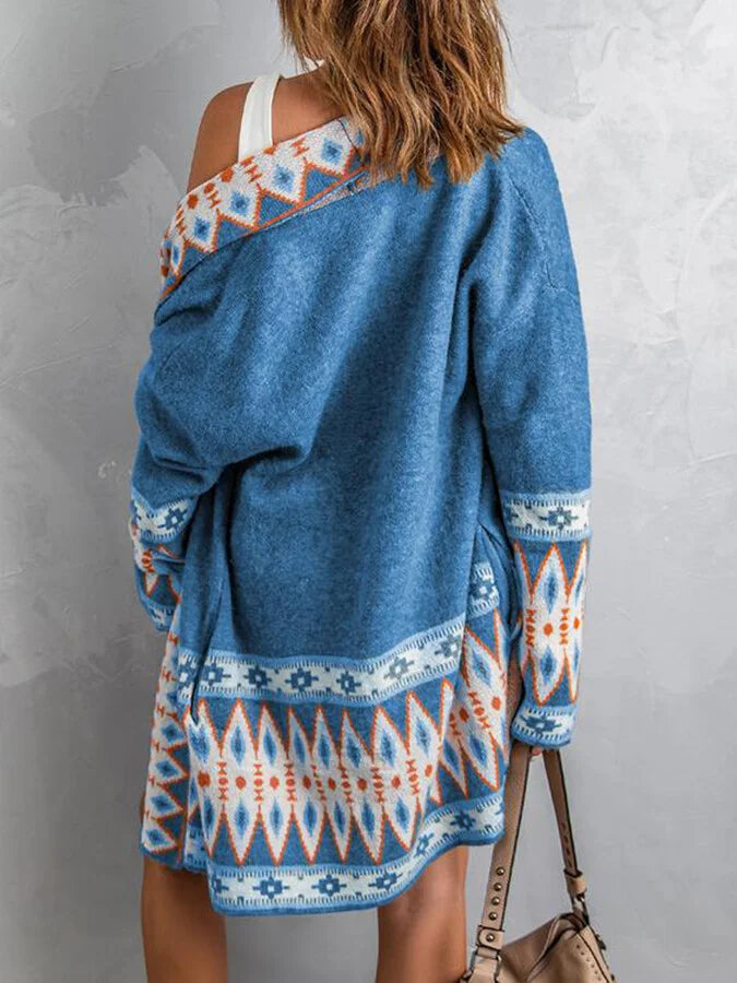 Women's ethnic style AZTEC printed loose knit cardigan.