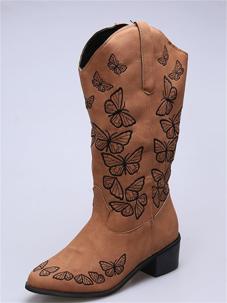Butterflies Embroidered Wide Calf Boots