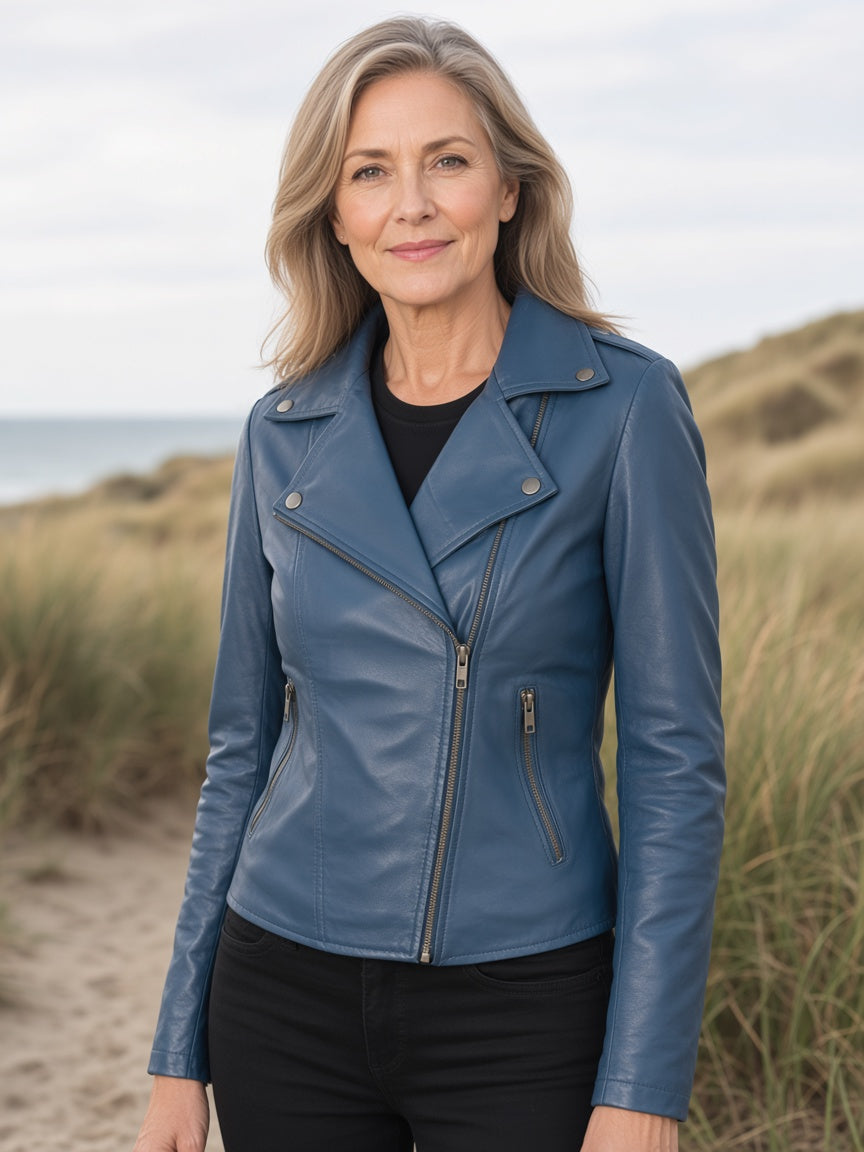 Flashback Blue Leather Biker Jacket