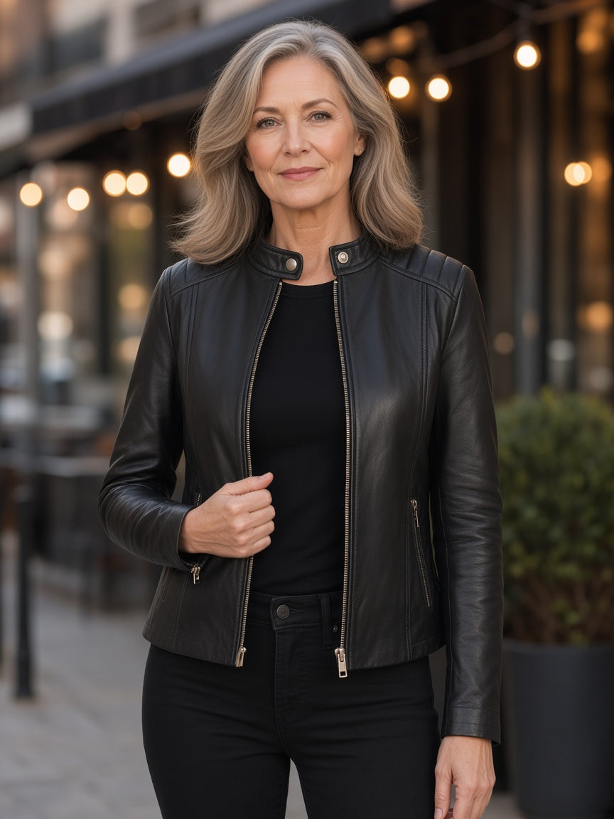 Kelsee Black Leather Biker Jacket