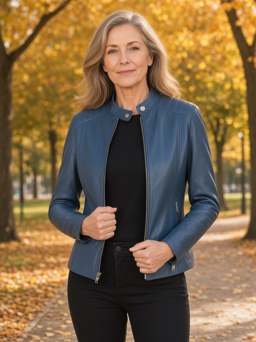 Kelsee Blue Leather Biker Jacket