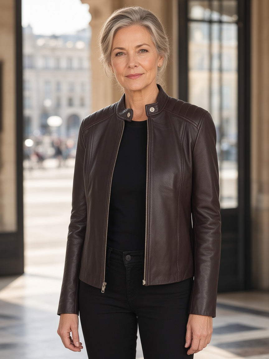 Kelsee Maroon Leather Biker Jacket