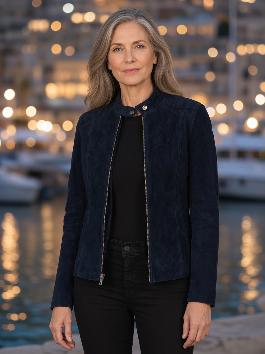 Kelsee Navy Blue Suede Biker Jacket