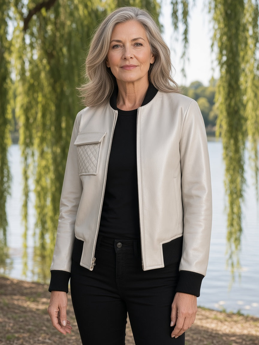 Lana Silver Leather Bomber Jacket