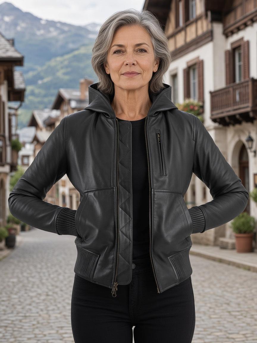 Luna Black Hooded Leather Bomber Jacket