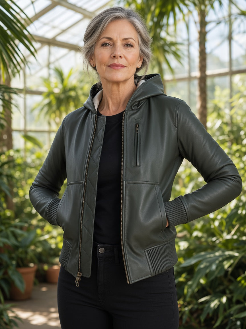 Luna Green Hooded Leather Bomber Jacket