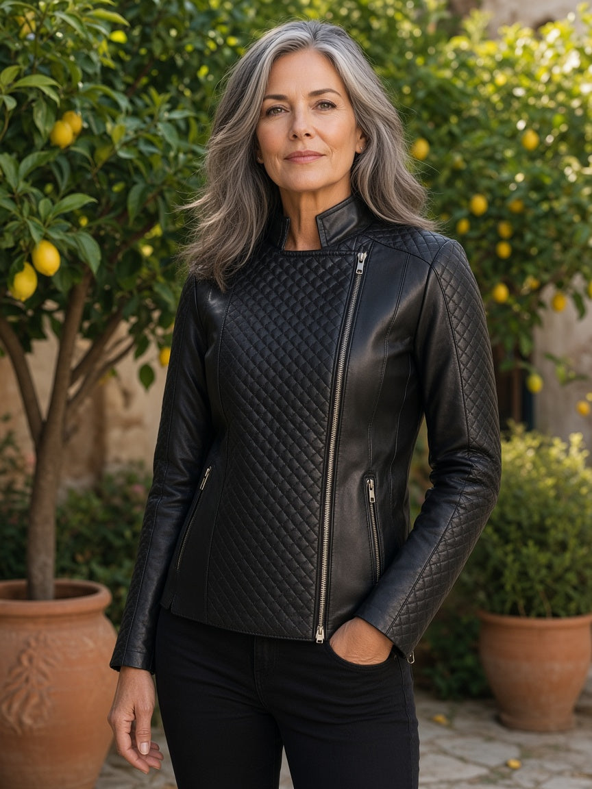 Orient Grain Quilted Black Leather Biker Jacket