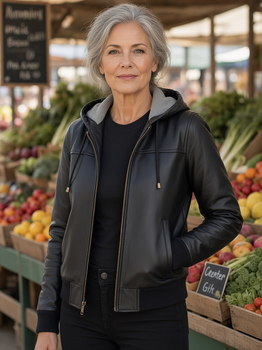 Rebella Black Hooded Leather Bomber Jacket