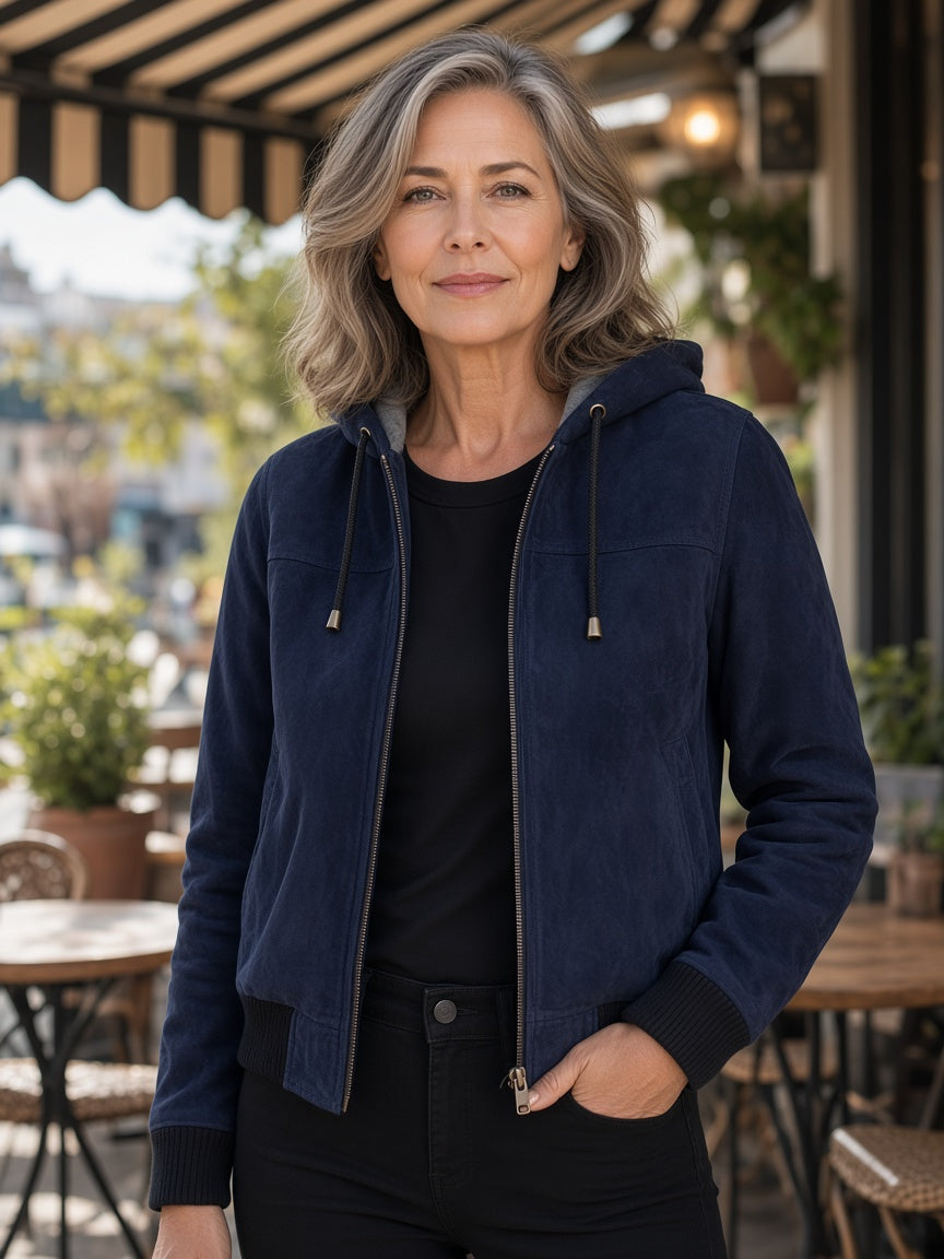 Rebella Blue Hooded Suede Bomber Jacket