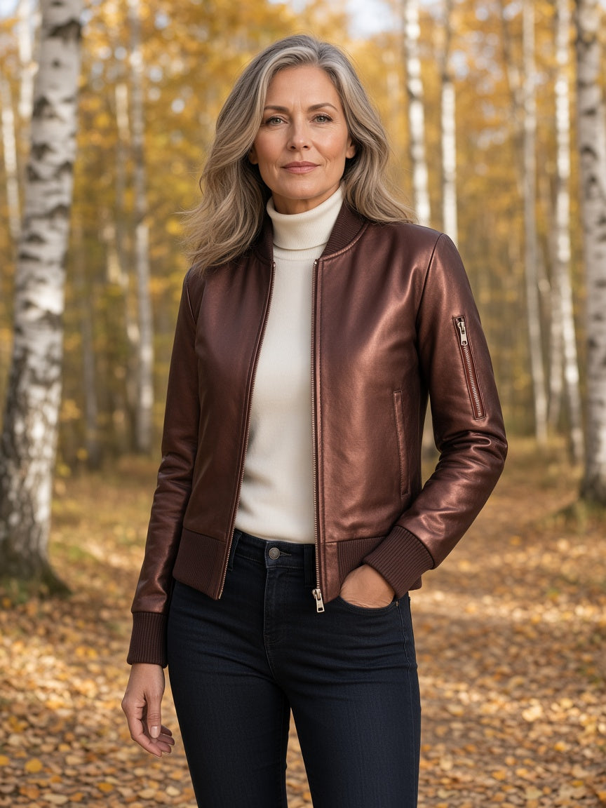 Reida Maroon Leather Bomber Jacket
