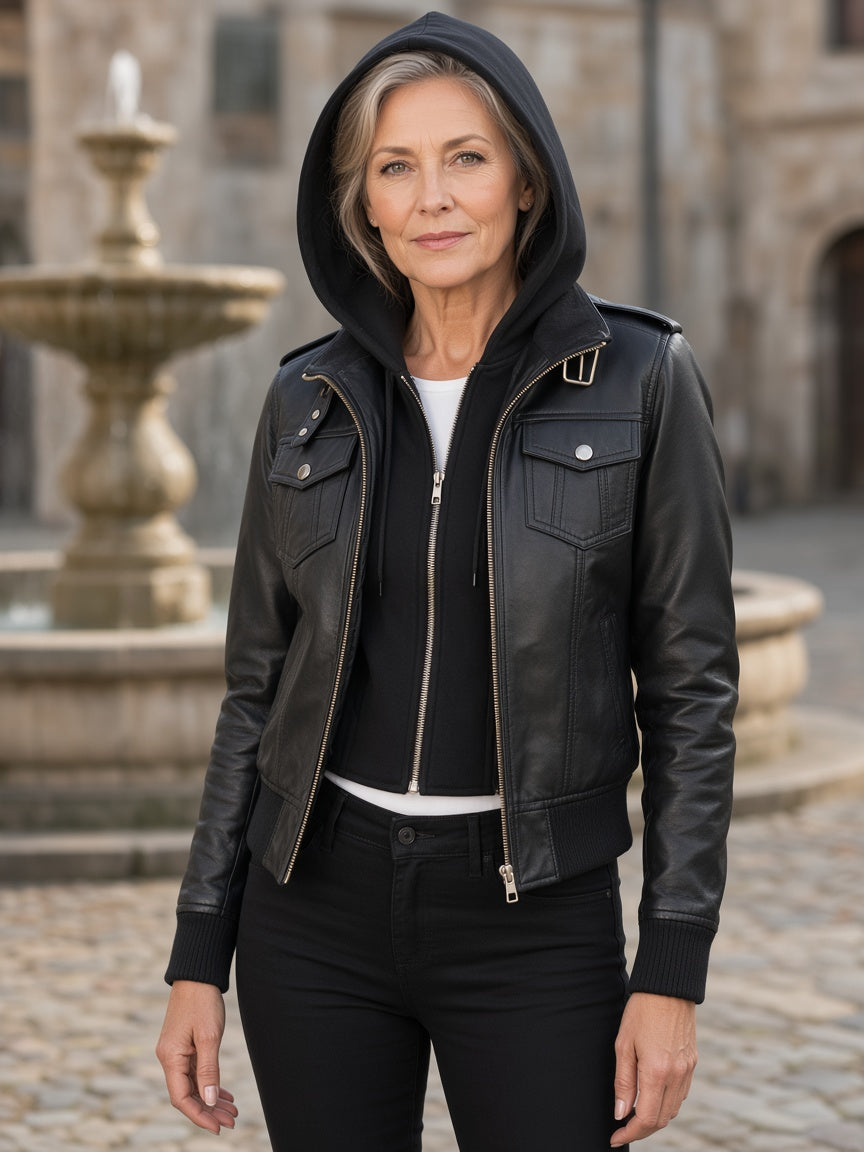 Roslyn Black Hooded Leather Bomber Jacket