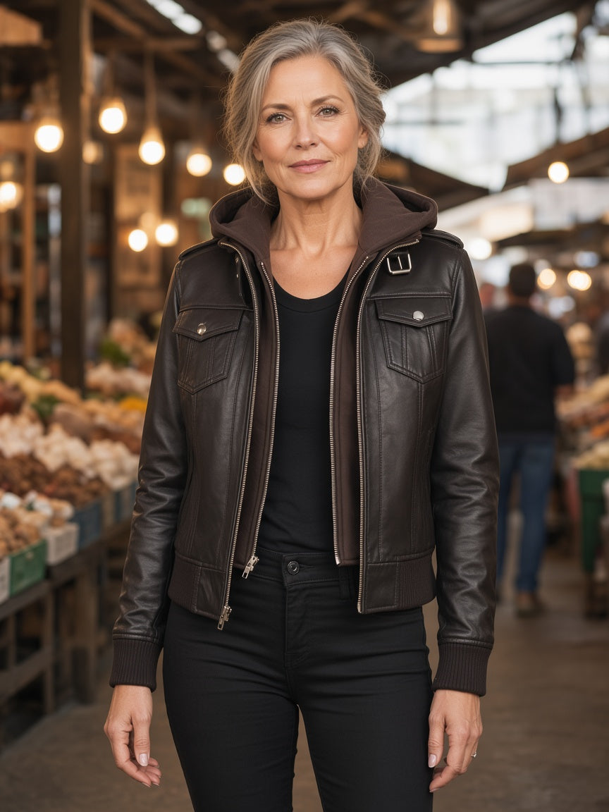 Roslyn Brown Hooded Leather Bomber Jacket