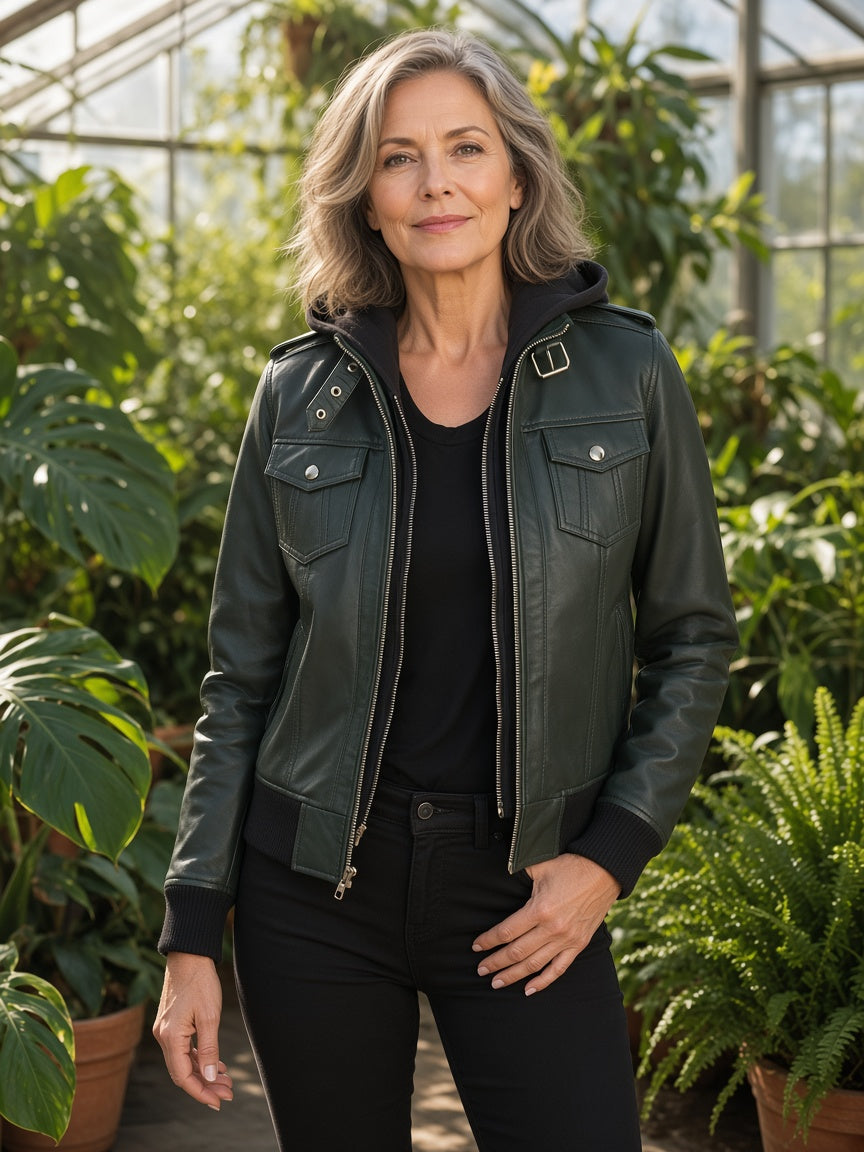 Roslyn Green Hooded Leather Bomber Jacket