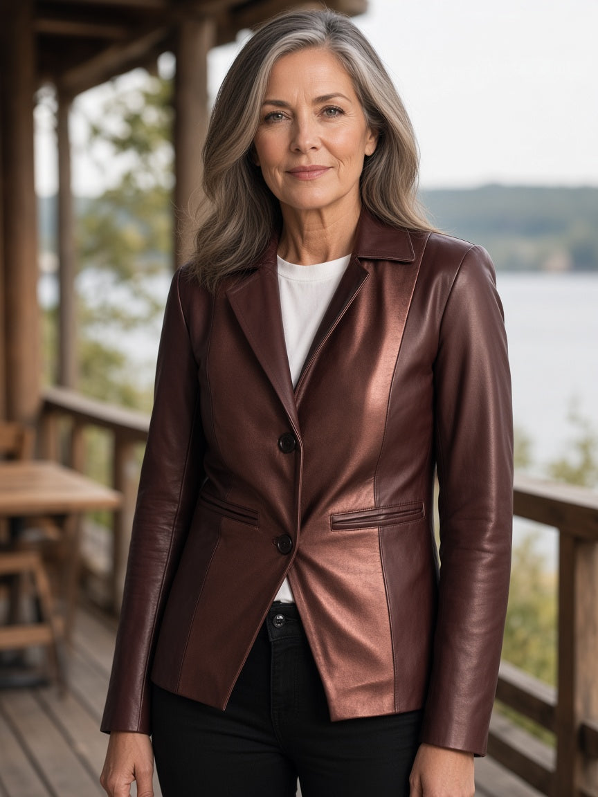 Ruby Metallic Maroon Leather Blazer