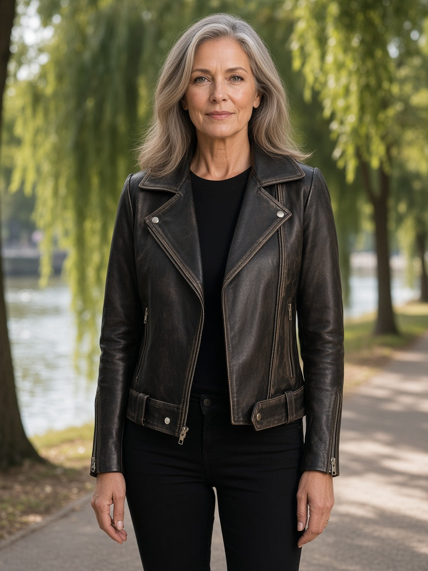 Rumy Distressed Brown Leather Biker Jacket