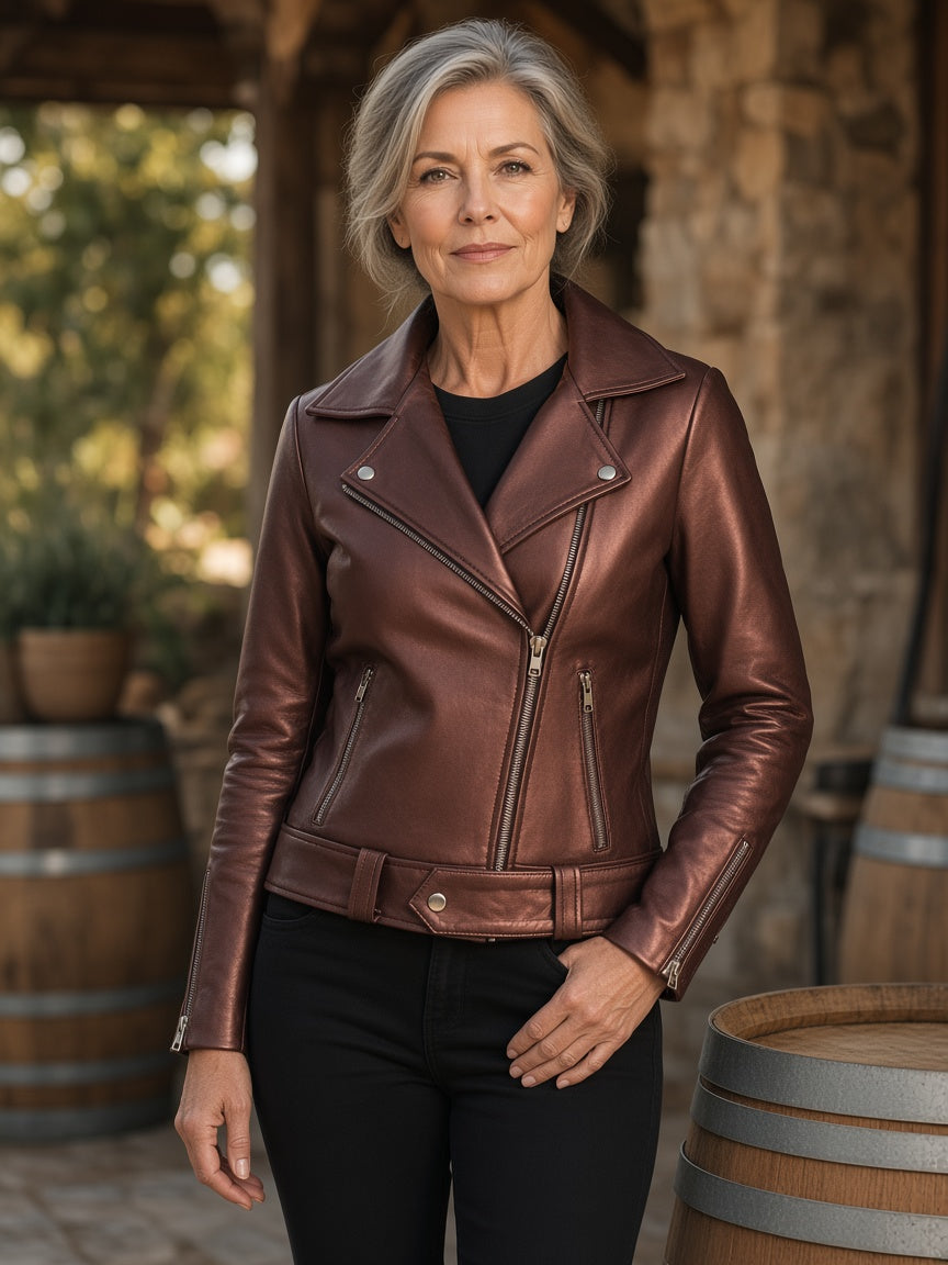 Rumy Maroon Leather Biker Jacket