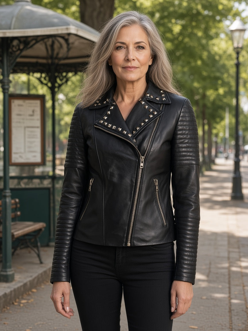 Sally Mae Studded Black Leather Biker Jacket