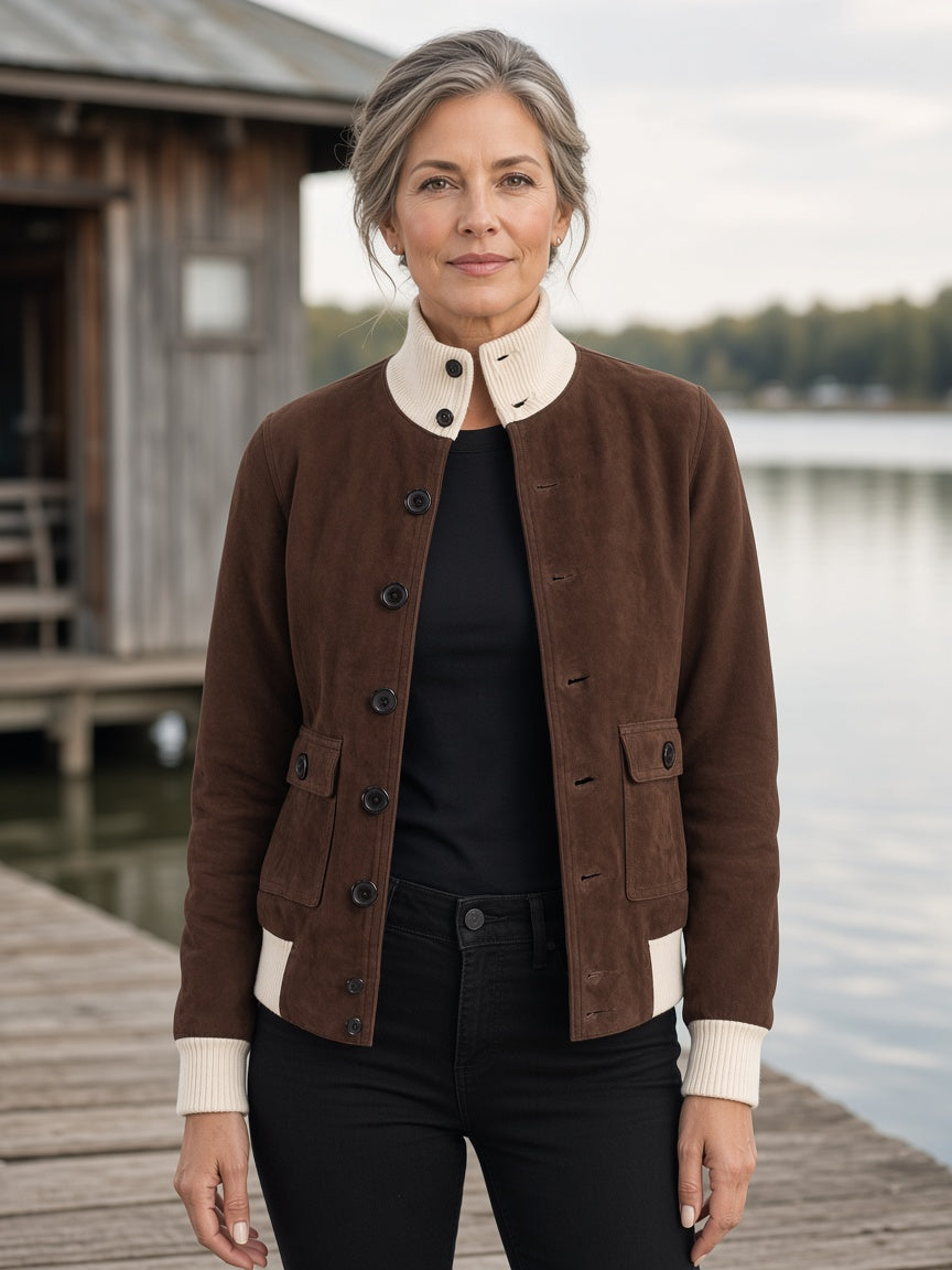 Sasha A1 Mocha Suede Bomber Jacket