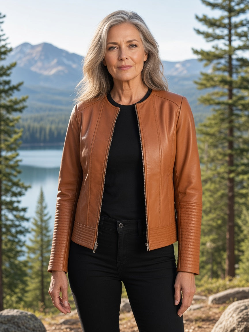 Sleeky Clean Tan Leather Biker Jacket
