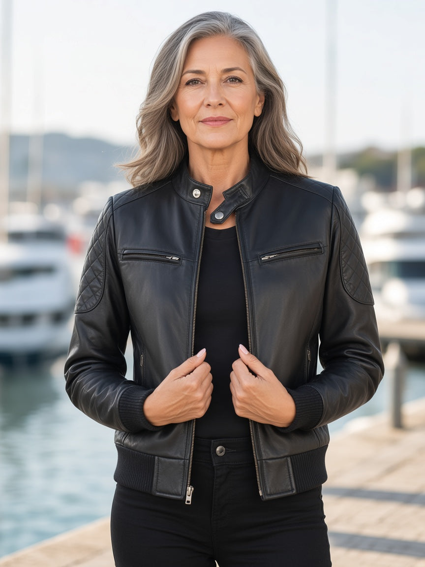 Zenna Black Leather Bomber Jacket