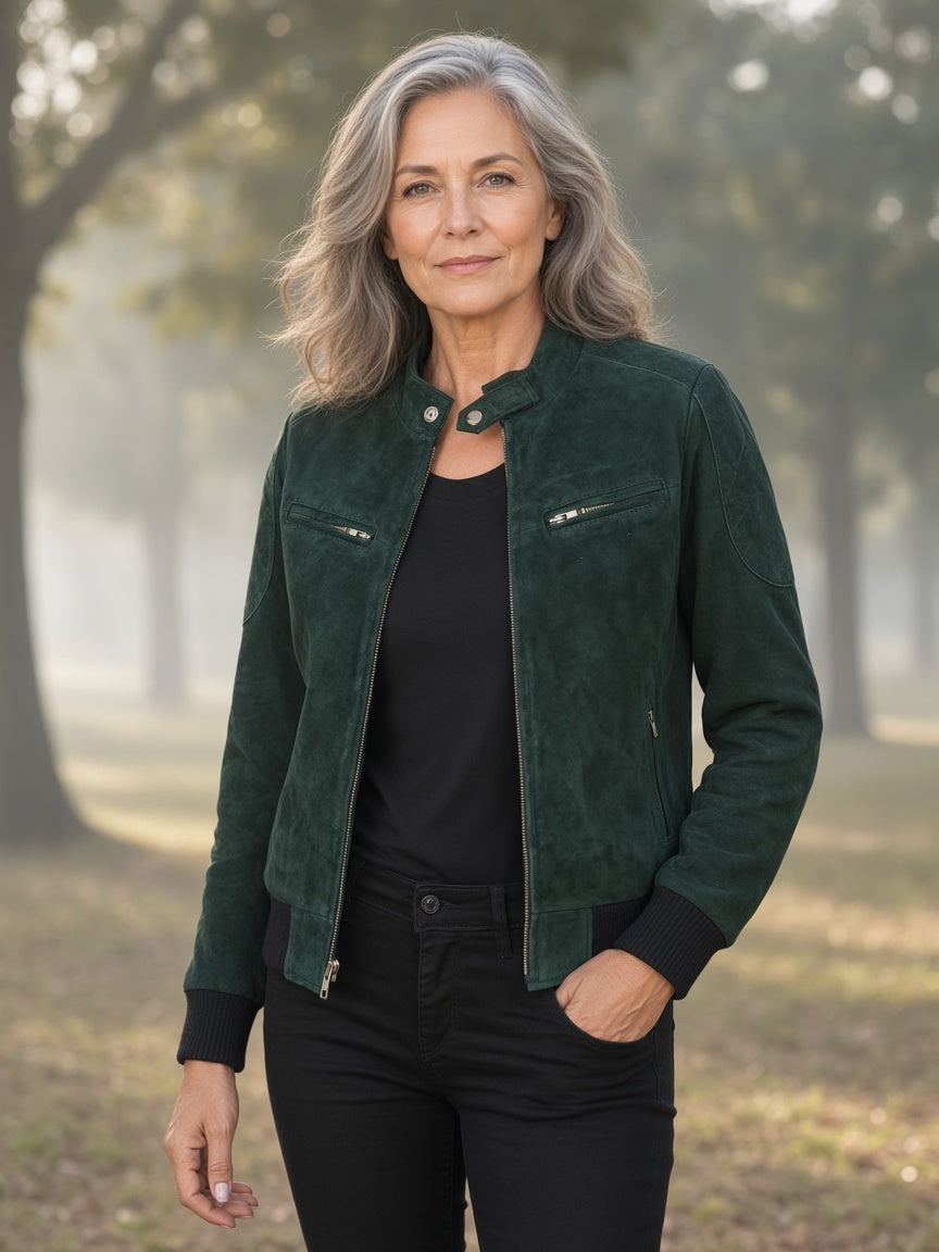 Zenna Green Suede Bomber Jacket