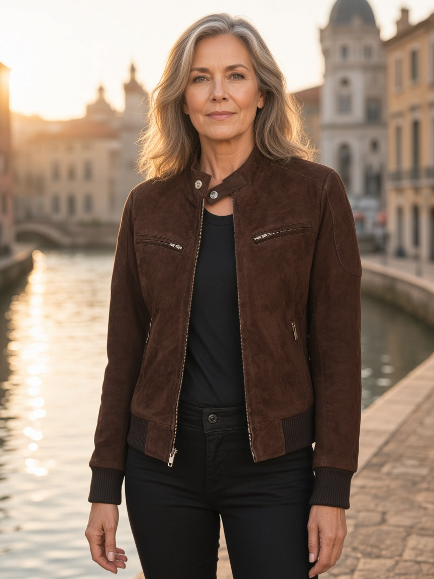 Zenna Mocha Suede Bomber Jacket