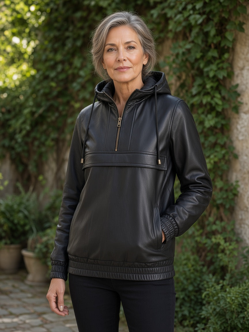 Zest Black Hooded Leather Pullover Jacket