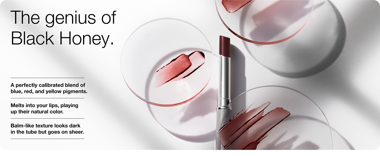 The genius of black honey, a blend of blue, red and yellow, melts into lips, natural color, balm