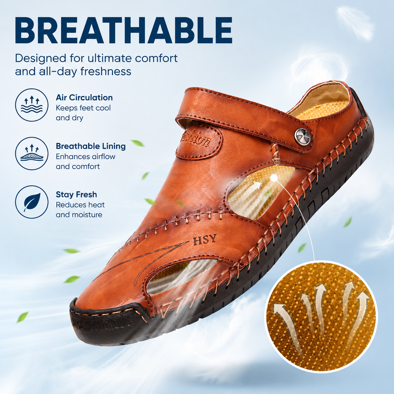 Mens Casual Comfy Soft Sole Non-Slip Closed Toe Leather Sandals