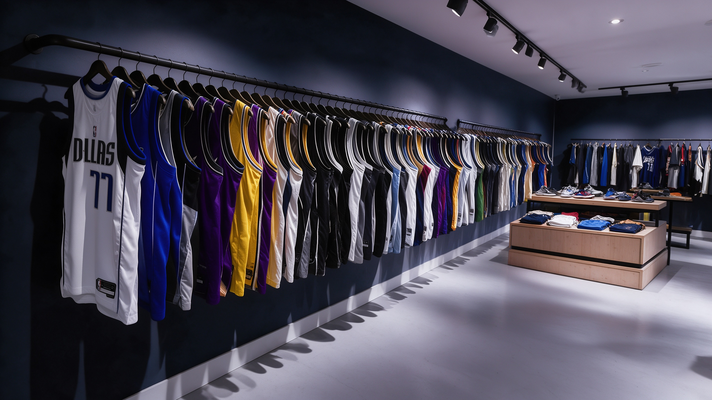 Hoops Jersey Zone physical retail store interior, professional basketball jersey shop, wall-mounted NBA swingman jerseys, sneaker and sportswear display, high quality breathable unisex fan apparel