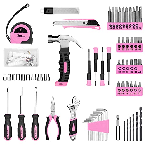 DEKOPRO Drill Set, Home Tool Set with 8V Pink Cordless Drill, Hand Tool Kit for Women, 126 pcs