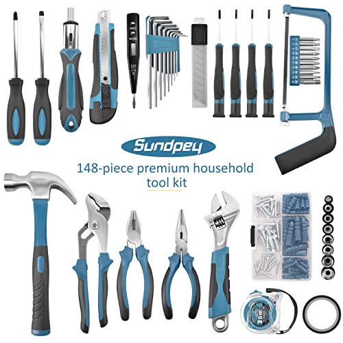 Sundpey 148 Pcs Portable Basic Hand Repair Home Tool Kit Set with Case Blue