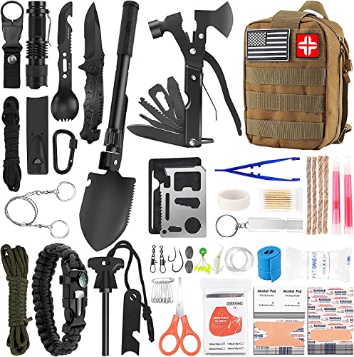 LUXMOM Emergency Survival Kit and First Aid Kit, 142Pcs Professional Survival Gear and Supplies Equipment with Molle Pouch, Gift for Christmas Men Dad Husband Camping Hiking Hunting Outdoor Adventure