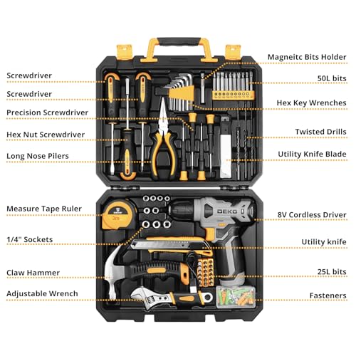 DEKOPRO Tool Set：Tool Kit with 8V Cordless Drill,Tool Box with Drill,Hand Drill Set for Men & Women,Home Tool Kits for House Repair,Handyman,DIY 126 Piece
